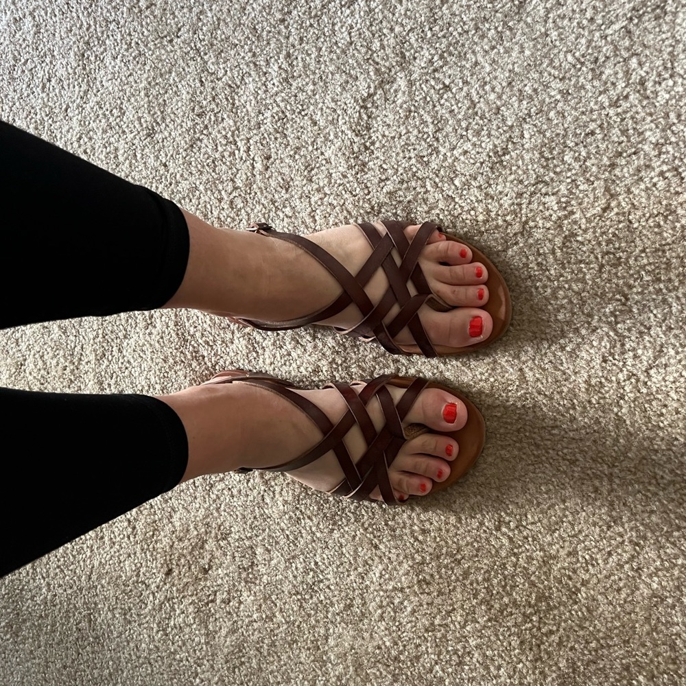 Brown criss cross faux leather sandal